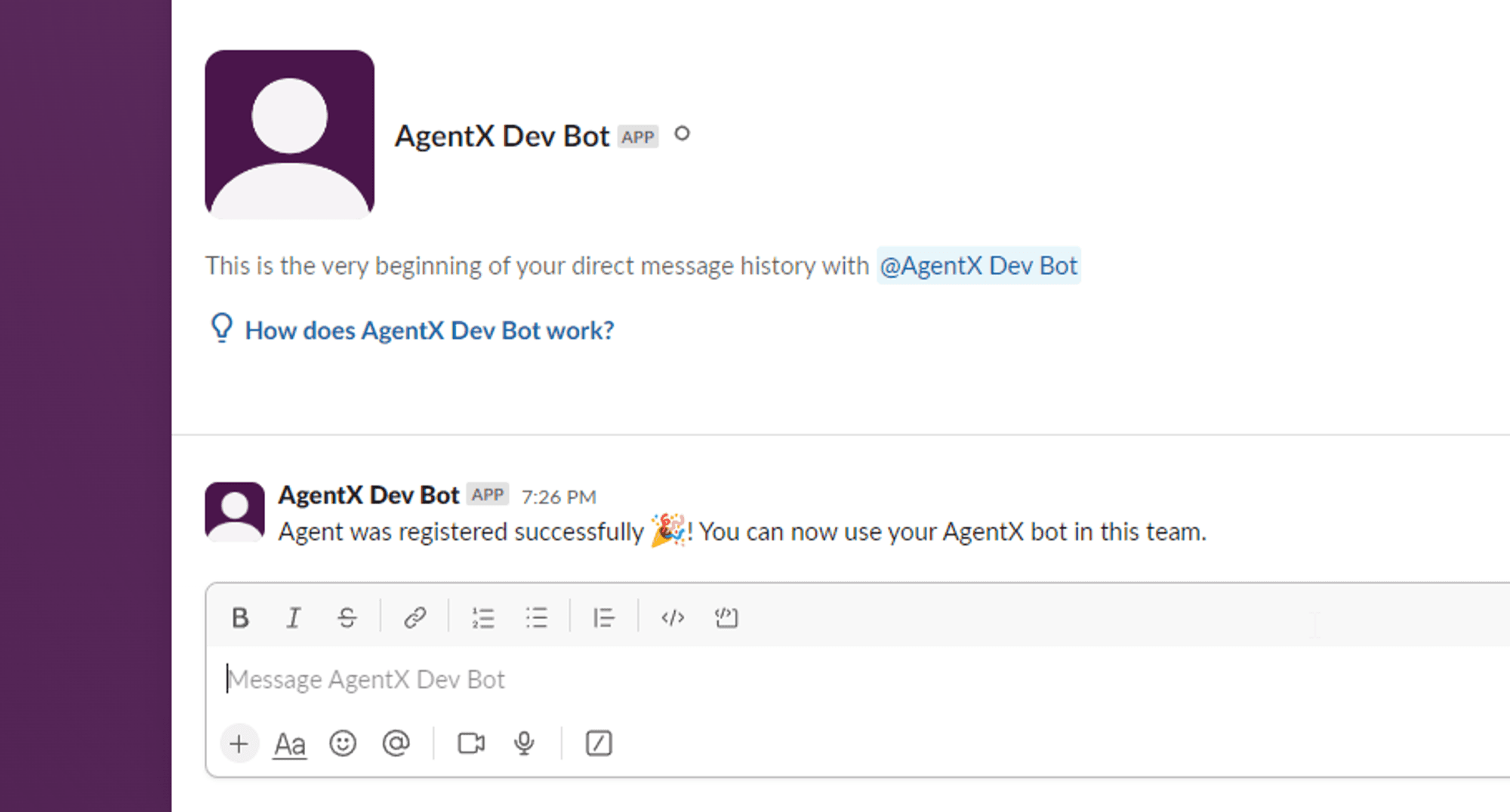 Slack AI agent chatbot setup screen for connecting AgentX to a workspace